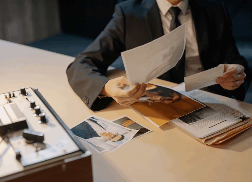 Detective privado revisando documentación y fotografías en una investigación laboral