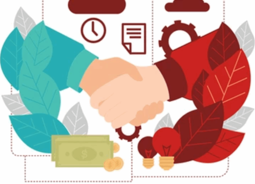 Ilustración de acuerdo económico simbolizado por un apretón de manos, dinero, ideas y engranajes